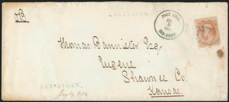 Fort Sill, Ind. Tery. Jul. 8 1882.> Clearly struck circular datestamp, <6c War, Soft Paper (O117),> tied by Maltese cross on large-size cover to Eugene Kansas, ms. OB at top left, light straightline Advertised
at bottom left, light Unclaimed ha