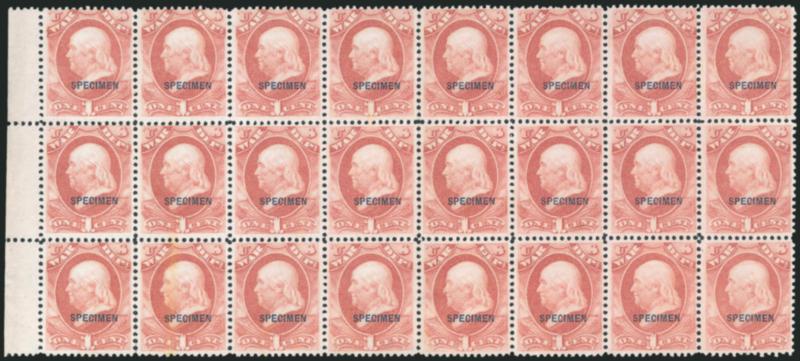 1c War, Specimen Ovpt. (O83S).> Horizontal block of 24 with left selvage, without gum as issued, bright color, minor separation, Fine-Very Fine, beautiful showpiece, ex Sheriff