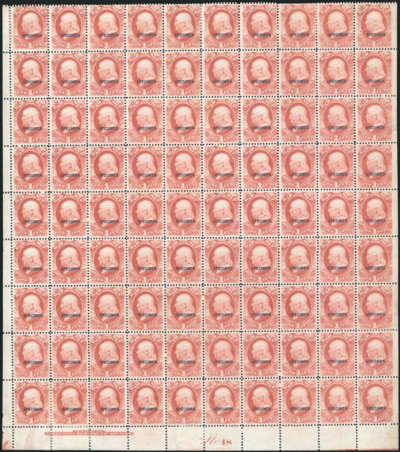 1c War, Specimen Ovpt. (O83S).> Block of 90, lacking the top row to be complete sheet, imprint and plate no. 48 at bottom, Position 21 of the pane with <^SEPCIMEN^> overprint, without gum as issued, bright
color, choice centering, few reinforced pe