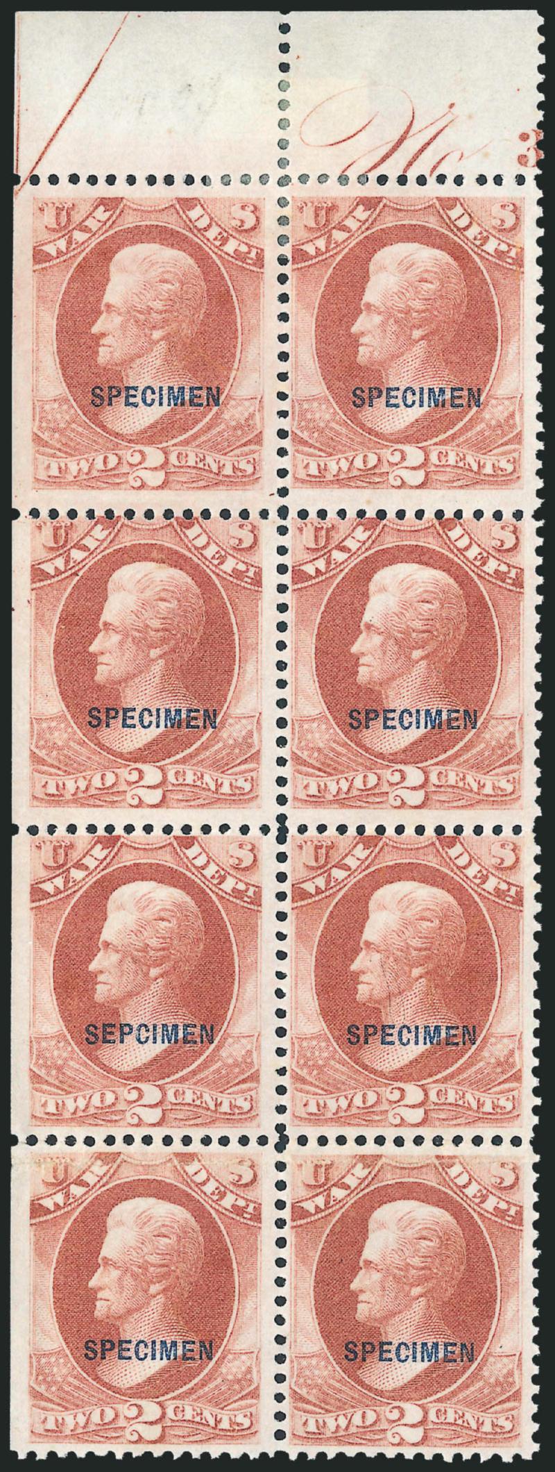 2c War, Sepcimen Error (O84Sa).> Position 5 in a block of eight from the right pane of 100, with split arrow & part imprint at top, without gum as issued, rich color, error with wide margins to just touching
at top, crease thru bottom pair of block