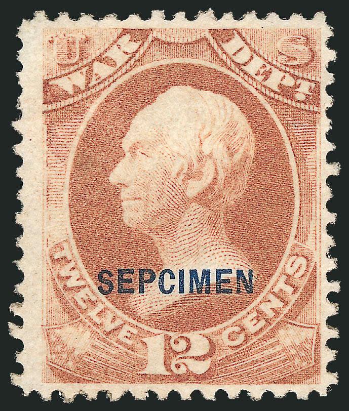 12c War, Sepcimen Error (O89Sa).> Without gum as issued, deep rich color, margins wide to clear at right, toned spot on back does not show through on front<><>^FINE AND EXTREMELY RARE. THIS IS THE ONLY
RECORDED EXAMPLE OF THE 12-CENT WAR DEPARTME