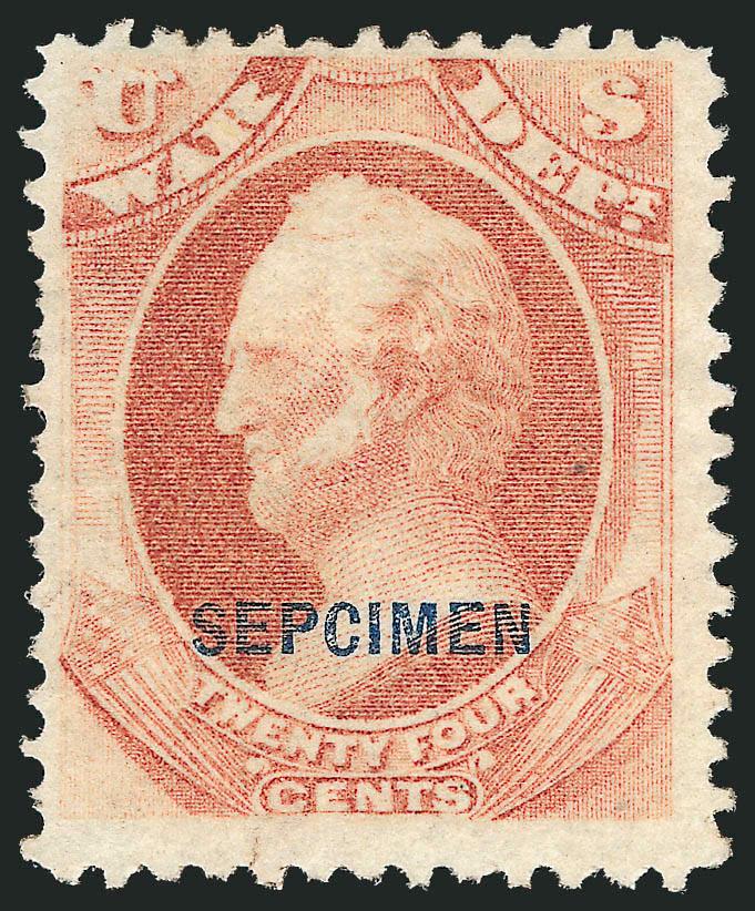 24c War, Sepcimen Error (O91Sa).> Without gum as issued, rich color, clear margins, slightly pulled perf at left and couple small tears at lower left and bottom<><>^FINE APPEARING EXAMPLE OF THE 24-CENT WAR
DEPARTMENT ISSUE WITH THE SEPCIMEN OV