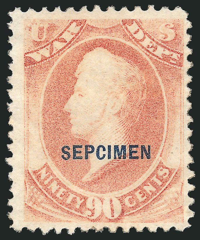 90c War, Sepcimen Error (O93Sa).> Without gum as issued, light color which the P.F. calls slightly faded, nice centering for this difficult issue<><>^FINE APPEARING AND EXTREMELY RARE EXAMPLE OF THE 90-CENT
WAR DEPARTMENT ISSUE WITH THE SEPCIMEN