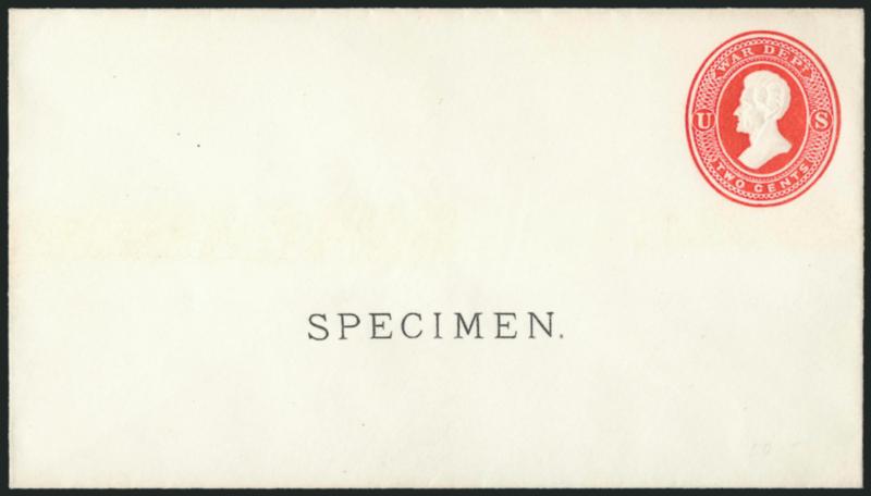2c Vermilion on White, Entire, Specimen Ovpt. (UO32S).> Size 2, knife 27, Very Fine, Scott Retail as unused cut square, normal entire without Specimen catalogs $25,000.00