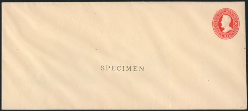 6c Vermilion on Cream, Entire, Specimen Ovpt. (UO38S).> Watermark 2, size 7, knife 34, Very Fine, Scott Retail as unused cut square, normal unused entire without Specimen catalogs $27,500.00, once thought to
have not been issued as entire