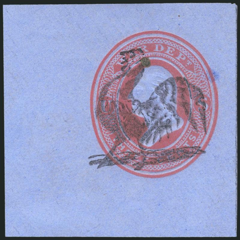 3c Red on Blue, Cut Square (UO54).> 47 x 47mm, with perfect bold strike of <Rooster> fancy cancel, Extremely Fine and rare