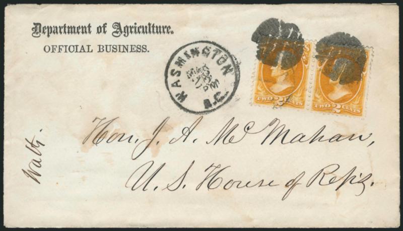 2c Agriculture (O2).> Horizontal pair, rich color, tied by corks, Washington D.C. Mar. 28 circular datestamp on Official Business cover to <on. J. A. McMahon, U.S. House of Reps.>>, right stamp two pulled
perfs at right, cover with light soili