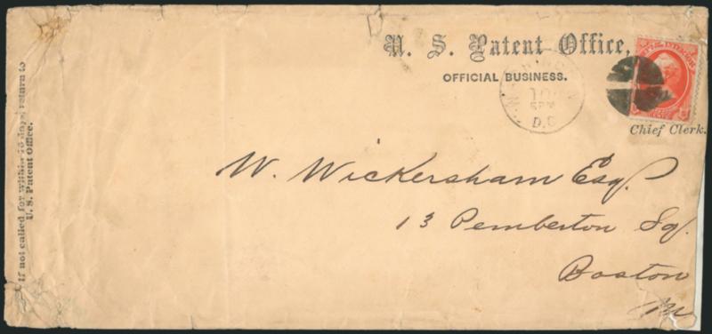 24c Interior (O22).> Few tiny perf flaws, tied by quartered cork cancel, Washington D.C. (Nov?) 10, 5PM circular datestamp on legal-size U.S. Patent Office, Official Business, Chief Clerk imprint cover to
Boston, cover repaired at right where irr