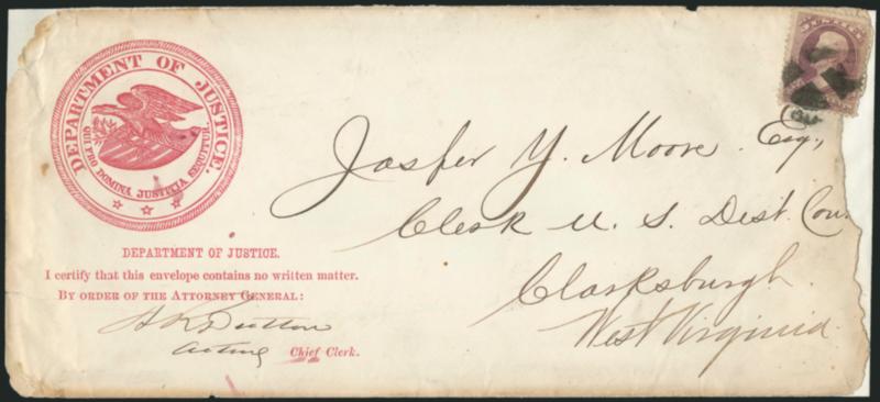 2c Justice (O26).> Tied by quartered cork cancel, no datestamp, on legal-size cover to court clerk in Clarksburgh West Va., magenta <Department of Justice Blanks imprint> cover with Acting Chief Clerks signed
statement that no written matter was e