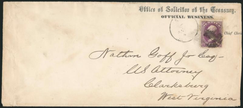 12c Justice (O30).> Cancelled by circular cork, faint Washington D.C. circular datestamp on legal-size cover to Nathan Goff, U.S. Attorney in Clarksburgh West Va., Office of the Solicitor of the Treasury,
Official Business imprint, reduced at right