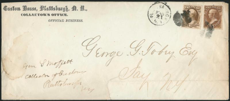 6c, 15c Treasury (O75, O79).> 15c has a large pre-use tear, tied by segmented cork cancels, Plattsburgh N.Y. Mar. 21 circular datestamp on legal-size Custom House, Plattsburgh, N.Y., Collectors Office,
Official Business imprint cover to Jay N.Y.