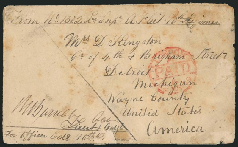 AFGHANISTAN, 1879 Stampless Soldiers Cover.> To Detroit, Michigan, with Sukkut, Quetta, New York and Detroit backstamps, red London 1879 transit, the cover has been opened and back and front have been
rejoined, some wear, still Fine, scarce soldier