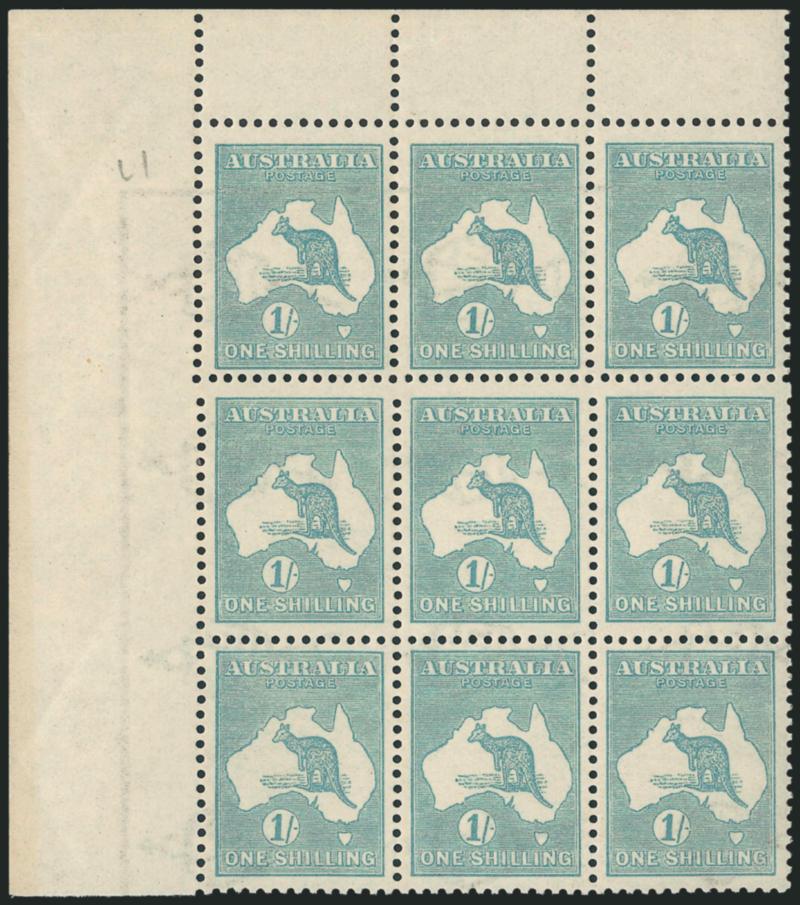 AUSTRALIA, 1916, 1sh Kangaroo, Watermarked Sideways (51 var SG 40ba).> Mint N.H. block of nine with top left sheet corner selvage, mild gum toning, otherwise Fine-Very Fine, Gibbons value