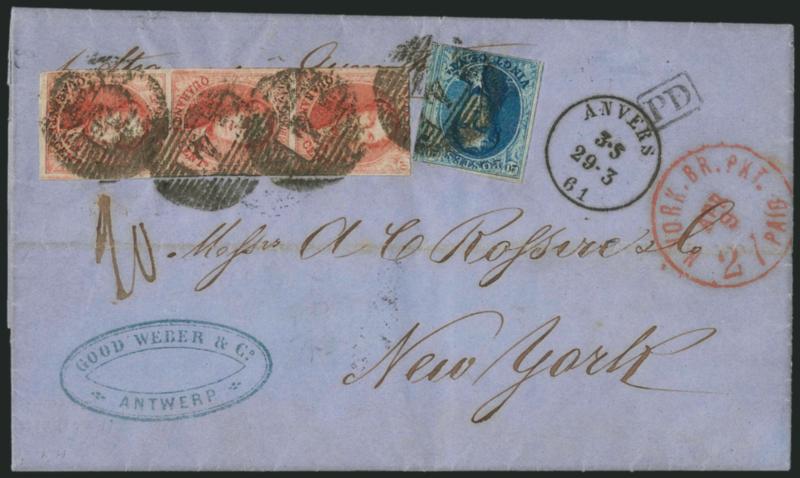 BELGIUM, 1861, 20c Blue, 40c Vermilion (11, 12).> Vertical strip of three of 40c, large margins to in, tied by bold strikes of 4 in grid, Anvers 29-3 61 circular datestamp on blue folded letter to New York,
red N. York Br. Pkt. Paid 27 Apr. 9 c