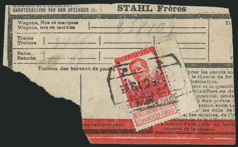 BELGIUM, 1915, 10c Red, Small Head, Parcel Post (Q50).> Right selvage single tied on piece of parcel receipt, Fine and very scarce