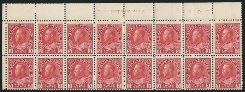 CANADA, 3c Carmine (109).> Top <T-Z-Ottawa-No.-A 117  944 A T> plate no. block of sixteen, small selvage reinforcement, otherwise Mint N.H., imprint a bit light, Fine-Very Fine