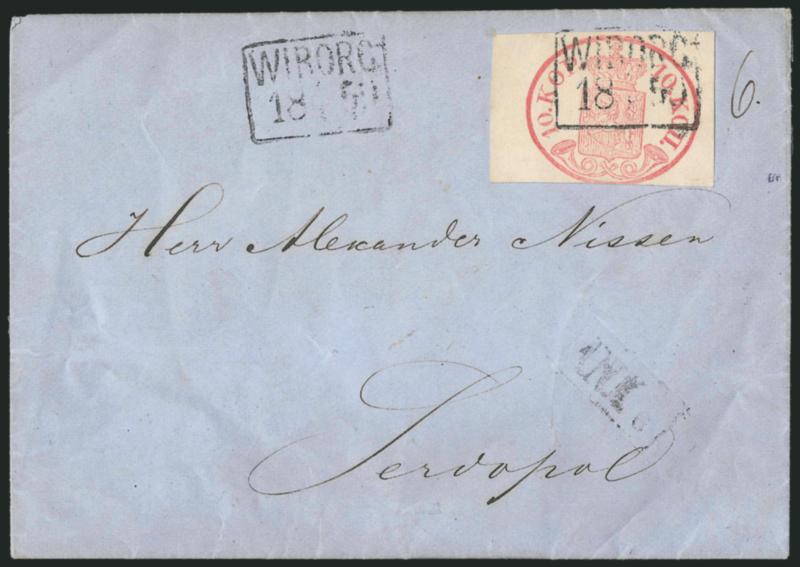 FINLAND, 1856, 10k Rose, Small Pearls (2).> Three ample to huge margins, barely into oval frame at bottom, tied by boxed Wiborg cancel on Aug. 5, 1859 folded letter, cancel repeated again to left of stamp,
Fine and scarce, very attractive classic Fin