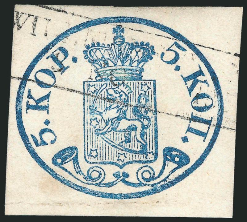 FINLAND, 1856-58, 5k Blue, 10k Rose, Small Pearls (1-2).> Ample to huge margins, boxed town cancels, 10k shows what appear to be laid lines on about one-half of stamp, 5k pressed crease and small repair in
bottom margin, otherwise Very Fine-Extremely
