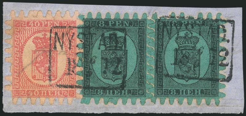 FINLAND, 1866-74, 8p Black on Green, 40p Rose, Roulette Ty. III (7, 10).> Two of former, on piece tied by boxed 1872 Nystad cancels, teeth virtually intact, Very Fine