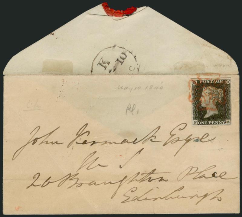 GREAT BRITAIN, 1840, 1p Black (1 SG 2).> Plate 1, lettered F-A, the F with arrow pointing down at bottom and the A on a slight slant, ample to large margins, tied by red Maltese Cross on small envelope to
Scotland, <May 10, 1840> cancel struck