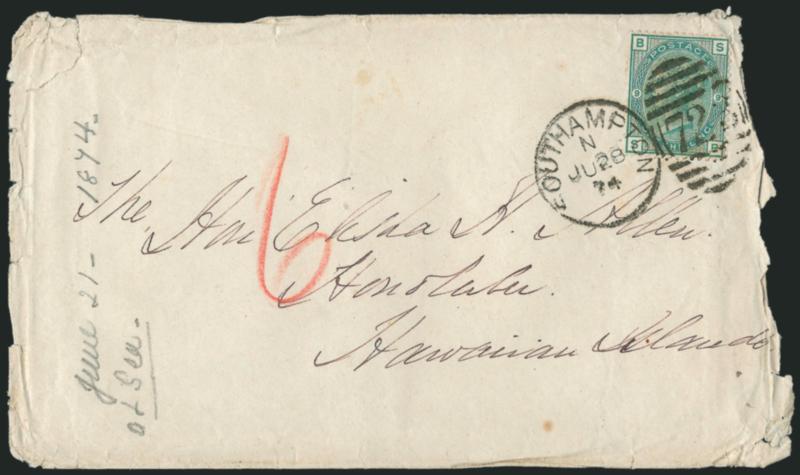 GREAT BRITAIN, 1873, 1sh Deep Green, Plate 9 (64a SG 150).> Tied by Southampton JU 28 74 duplex on Allen correspondence cover <to Honolulu, Hawaiian Islands,> red crayon 6 credit, with original contents which
includes illustrated passenger list