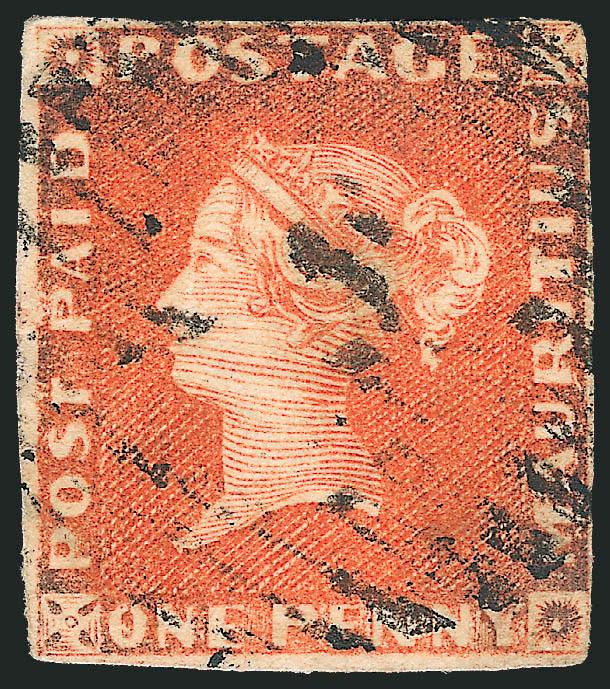 MAURITIUS, 1848, 1p Orange-Vermilion on Yellowish Paper, Earliest Impression (3 SG 3).> Position 2, margins ample to touching, sharp impression, barred intaglio numeral cancel, thin spot at left and
accompanying certificate notes a bit sulpherized a