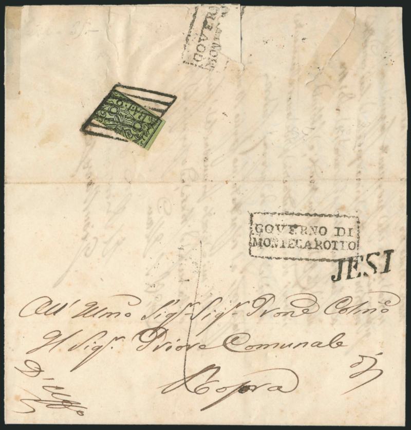 ROMAN STATES, 1852, 2b Black on Yellow Green, Bisect (3c).> Bottom half, affixed to top flap and tied by diamond grid, Governo Di Montecarotto boxed handstamp on 1856 folded letter to Rosora, straightline Jesi
transit, Very Fine bisect usage for