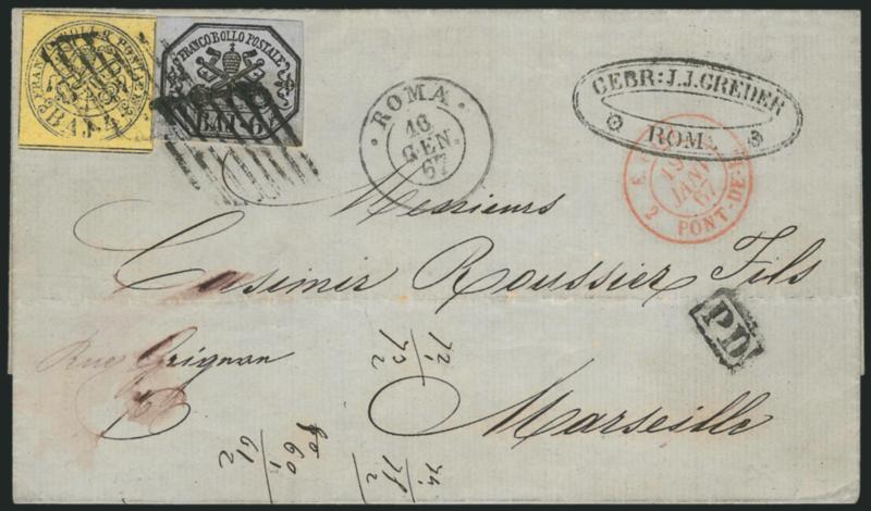 ROMAN STATES, 1852, 4b Black on Lemon, 6b Black on Grayish Lilac (5, 7b).> Large margins, tied by diamond grids, Roma 16 Gen. 67 double-circle datestamp on folded cover <to Marseilles, France,> various French
transits incl. Pont-De-B entry circul