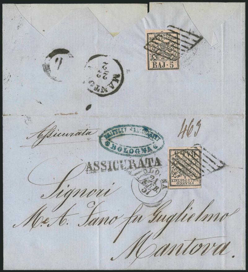 ROMAN STATES, 1852, 5b Black on Pale Rose (6a).> Two singles, large margins to full, tied by well-struck diamond grids, Bologna 21 Feb. 57 double-circle datestamp on blue folded cover to Montova, receiving
backstamp, Very Fine examples of this desi