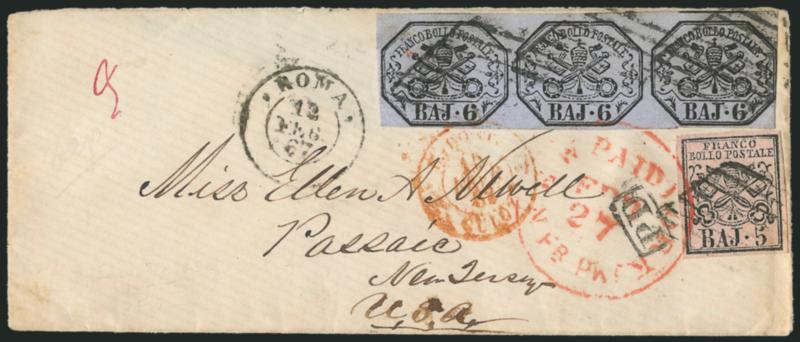 ROMAN STATES, 1852, 5b Black on Rose, 6b Black on Grayish Lilac (6, 7b).> Horizontal strip of three of 6b, large margins to just touched at right, tied by diamond grids, Roma 12 Feb. 67 double-circle datestamp
on cover <to Passaic, New Jersey,> sta