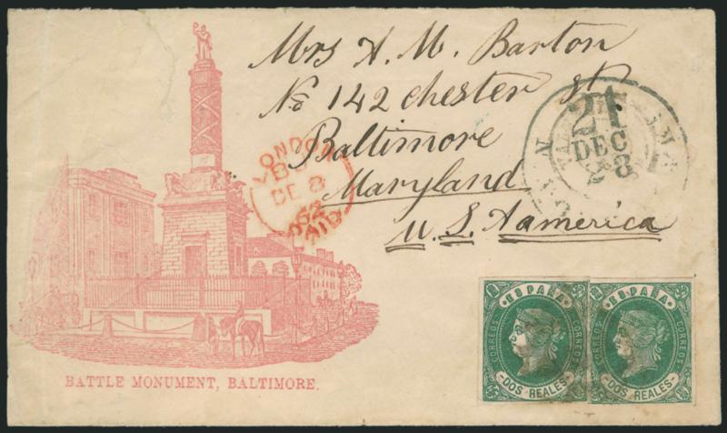 SPAIN, 1862, 2r Green on Pinkish (60).> Two, full margins to clear, deep rich color, tied by handstamp, Valencia Dec. 4, 1863 double-circle datestamp on pink attle Monument, Baltimore Patriotic> cover to
Baltimore, red London transit, N. York Am