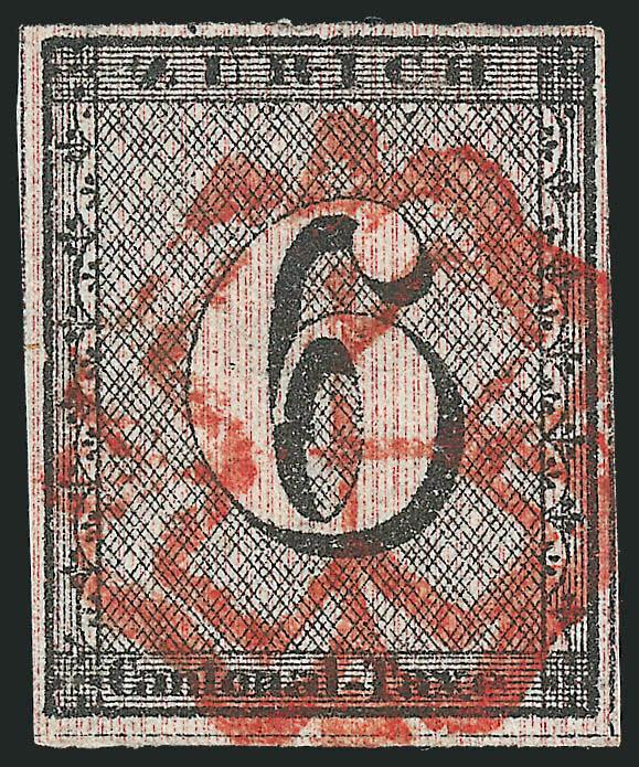 ZURICH, 1843, 6r Black, Vertical Red Lines (1L2).> Ty. 4, nice margins showing all or parts of three dividing lines, bold red rosette cancel, Very Fine, with 1968 P.F. certificate