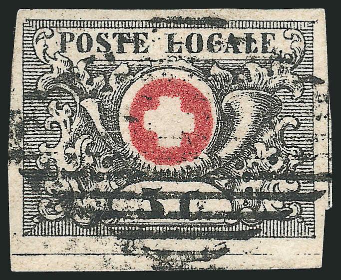 GENEVA, 1850, 5c Black & Red, Vaud (2L6).> Large to huge margins incl. bottom sheet margin, neat black diamond grid cancel, Very Fine and choice