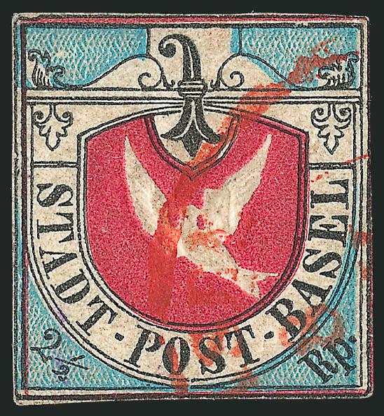 BASEL, 1845, 2-12r Dove of Basel (3L1).> Tight margins all around, just barely touched in two places, lovely colors, red circular datestamp, small thinning, Fine appearance, signed H. Bloch and with 1957
Friedl certificate