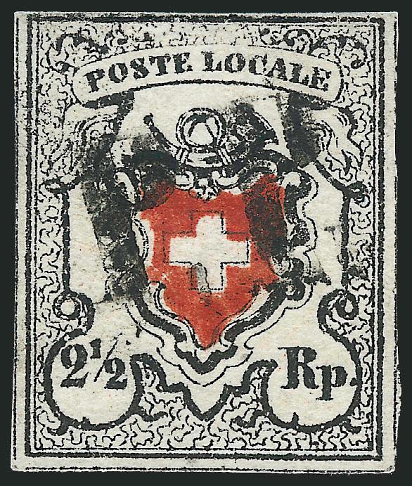 SWITZERLAND, 1850, 2-12r Black & Red, Orts-Post, Frame Around Cross (1).> Three full margins with virtually complete dividing lines, clear at top, black PP cancel, Fine and attractive