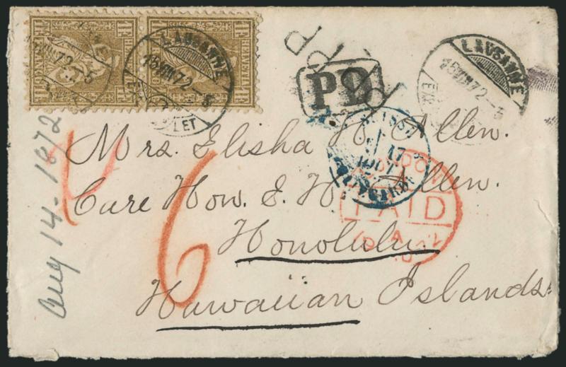 SWITZERLAND, 1872, 1fr Gold (50).> Vertical pair, tied by Lausanne 15.VIII.72 circular datestamps on Allen correspondence cover <to Honolulu, Sandwich Islands (Hawaii),> boxed P.D. and P.P. handstamps, French
and London transits, red crayon 6