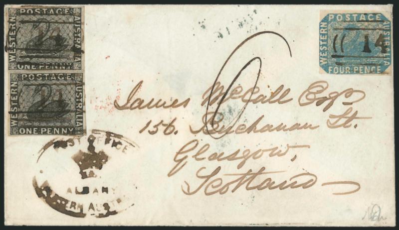 WESTERN AUSTRALIA, 1854, 1p Black (1 SG 1).> Vertical pair, used with 4p Blue (3 SG 3), cancelled by 14 in barred oval, pair also tied by Post Office, Western Australia Albany with crown oval handstamp, on
1857 cover to Glasgow, Scotland, neat 