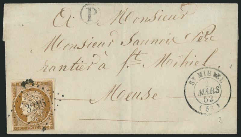 FRANCE, 1850, 10c Bister on Yellowish (1 Yvert 1).> Large margins to clear, tied by 3216 lozenge, matching St. Michel 2 Mars. 52 double-circle datestamp on small folded cover used locally, neat P in circle
handstamp at top, minor wear, Very Fi
