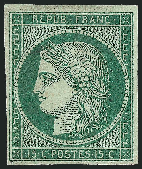 FRANCE, 1849, 15c Dark Green on Greenish (2 var Yvert 2b).> Very lightly cancelled, large to huge margins all around, deep rich color, Extremely Fine, a beautiful stamp and a great substitute for an unused
copy (which catalogues $23,000.00), signed