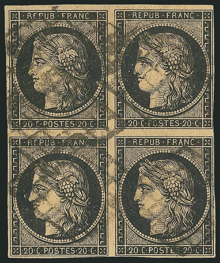 FRANCE, 1849, 3c Black on Buff (3b Yvert 3b).> Block of four, large margins to clear, neat strikes of diamond grid cancel, Fine-Very Fine, scarce used block, unlisted in Scott or Yvert as a block, Yvert e800
as singles, Scott Retail as singles