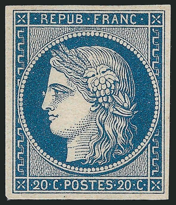 FRANCE, 1849-50, 20c Blue on Bluish, Unissued (4a Yvert 8b).> Unused (no gum--issued with and without gum), large margins, fresh and bright, Very Fine, signed Calves, Yvert e3,200