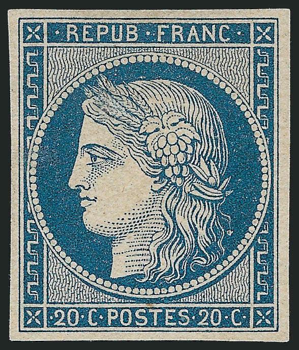 FRANCE, 1849-50, 20c Blue on Yellowish, Unissued (4b Yvert 8).> Without gum as issued, large margins, beautiful impression, Very Fine, signed Calves and with his 1996 photo certificate