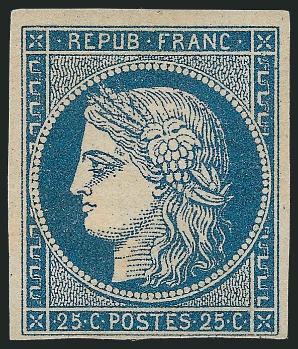 FRANCE, 1849, 25c Blue (6a Yvert 4).> Unused (no gum), three large margins, clear at bottom, lovely color, fresh and Fine, signed Calves, Yvert e2,500 as no gum, Scott Retail as unused original gum