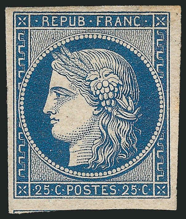 FRANCE, 1849, 25c Blue on Yellowish (6b Yvert 4).> Unused (no gum), rich color, large margins all around incl. trace of adjoining stamp at bottom, small thin spots, Extremely Fine appearance, Yvert e2,500 as
no gum, Scott Retail as with gum