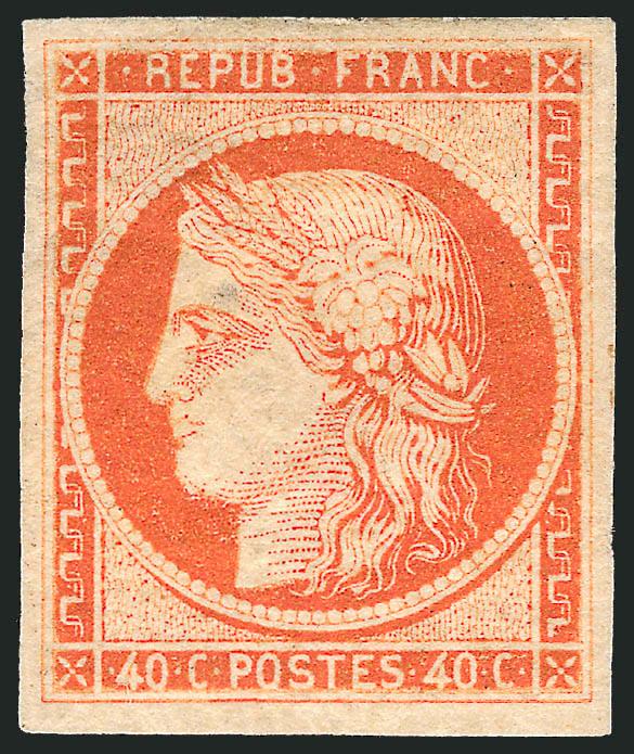 FRANCE, 1850, 40c Red Orange on Yellowish, Ty. I (7 var Yvert 5c).> Mostly brown original gum as is typical for this issue, h.r., vivid color, huge margins all around, small thin spot<><>^EXTREMELY FINE
APPEARING ORIGINAL-GUM EXAMPLE OF THE 1850 4