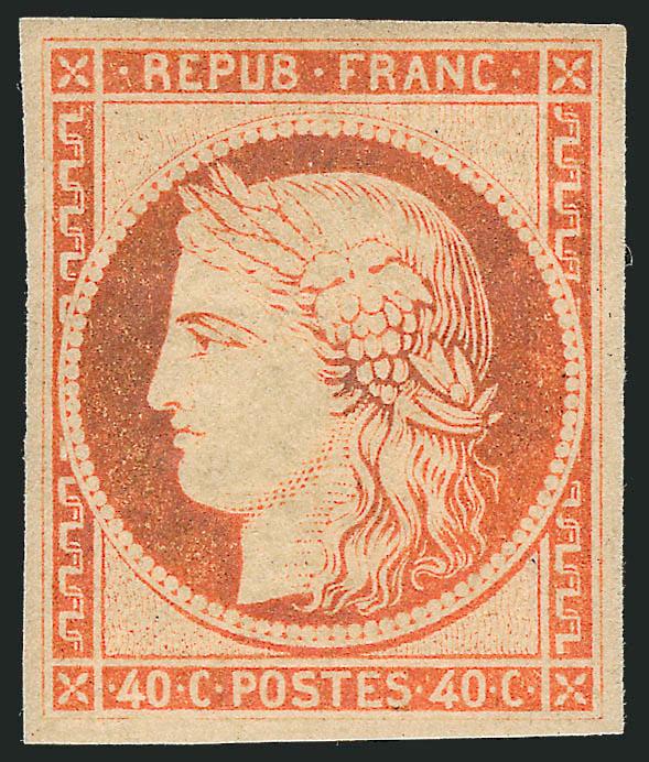 FRANCE, 1850, 40c Orange on Yellowish, Ty. I (7 Yvert 5).> Original gum, h.r., large even margins, color slightly oxidized, otherwise Extremely Fine, Yvert e4,750