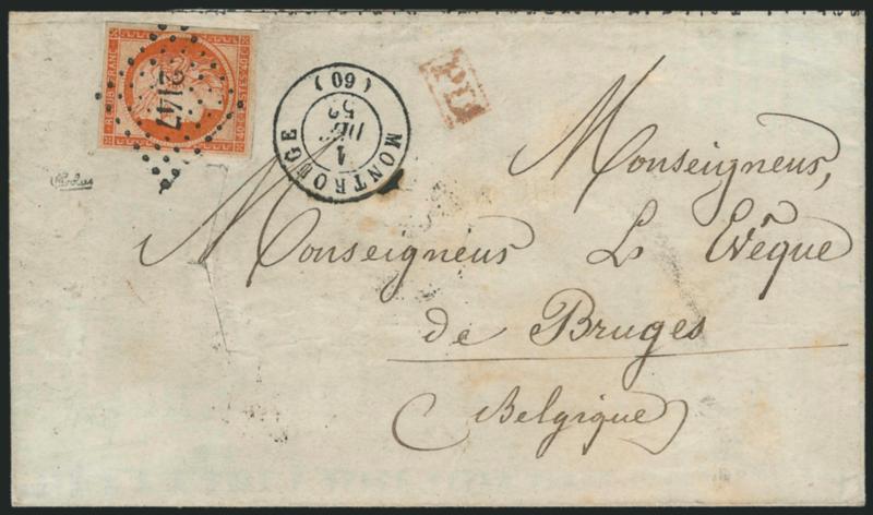 FRANCE, 1850, 40c Orange on Yellowish, Ty. I (7 Yvert 5).> Large margins to full, brilliant color, tied by 2147 lozenge, matching Montrouge 1 Dec. 52 double-circle datestamp on folded adversity cover made from
printed notice of published books <