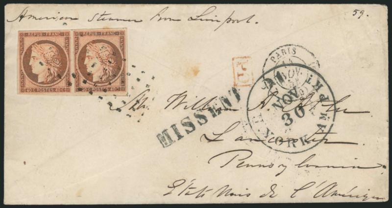 FRANCE, 1850, 40c Orange on Yellowish, Ty. I (7 Yvert 5).> Horizontal pair, huge margins to clear, tied by large points cancel, Paris 11 Nov. 53 double-circle datestamp on cover <to Lancaster, Pennsylvania,>
endorsed <<American steamer from Liver