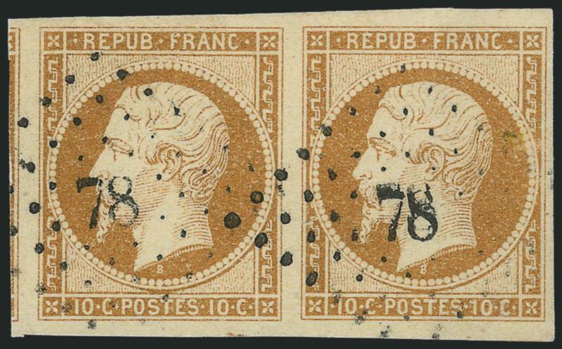 FRANCE, 1852, 10c Pale Bister on Yellowish (10 Yvert 9).> Huge margins all around incl. part of adjoining stamp at left, bright color, neat strikes of 78 lozenge cancel, Extremely Fine Gem, a gorgeous pair,
Yvert e1,400 as singles, Scott Retail as