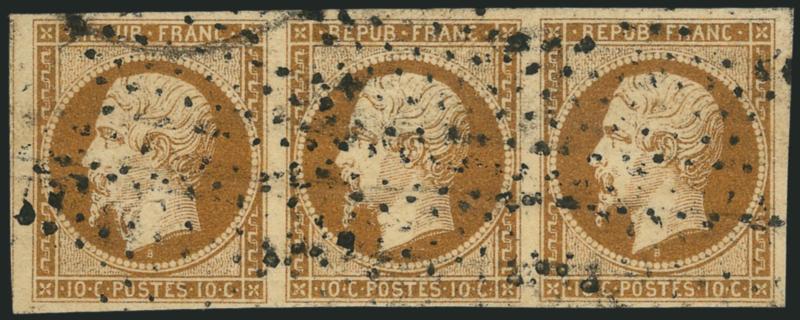 FRANCE, 1852, 10c Dark Bister on Yellowish (10a Yvert 9a).> Horizontal strip of three, large margins to full incl. part of adjoining stamp at left, neat lozenge cancels and also part of circular datestamp at
upper left, left stamp with unusual <flaw